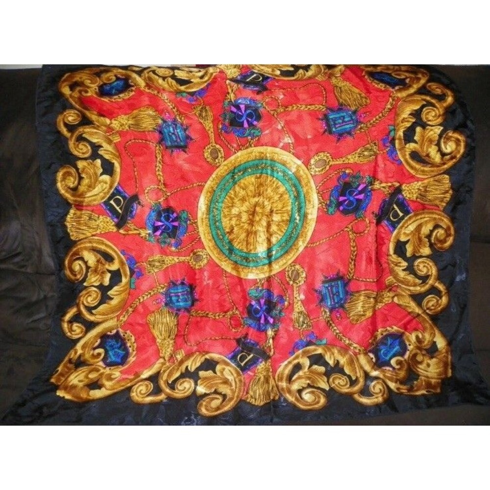 Vintage Designer Red Black Letter Tassel Shield designs approx 35" x 33" Scarf